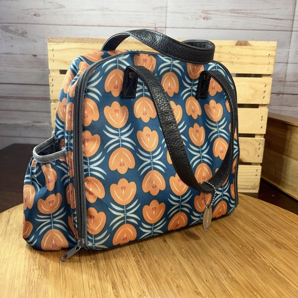 Fit And Fresh Retro Designer Lunch Bag Blue Orange Floral Full Zip Purse Handles